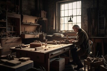Senior carpenter cutting wood in workshop