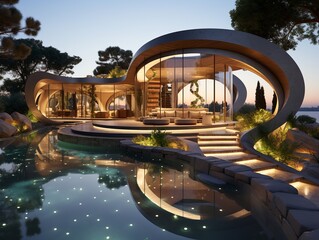 Swimming pool in yard of modern building