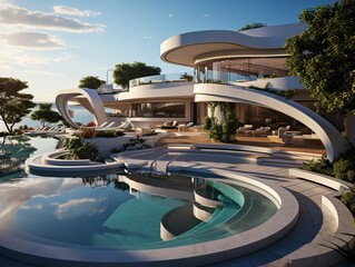 Swimming pool in yard of hotel