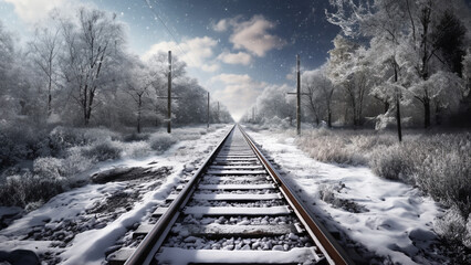 Fototapeta premium image of snow-covered railroad tracks during holiday season