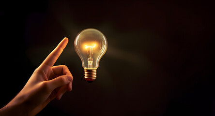 a hand points at a radiant light bulb against a black backdrop, illustrating the essence of a creative idea concept.copy text space