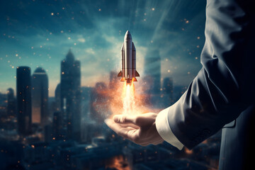  businessman propels a rocket against an urban backdrop, embodying innovation, entrepreneurship, ambition, and the quest for uncharted success in the business world
