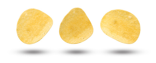 Flying potato chips and shadow isolated on white background.