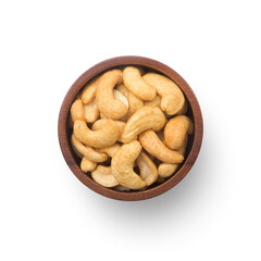 Fried cashew nuts in wooden bowl isolated on white background , top view , flat lay.