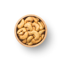 Fried cashew nuts in wooden bowl isolated on white background , top view , flat lay.