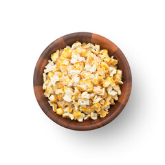 Popcorn in wooden bowl isolated on white background , top view , flat lay.