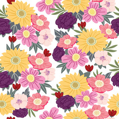 Blooming flower and leaf seamless pattern
