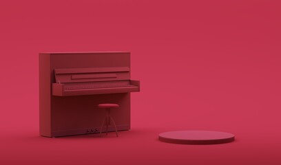 Concert stage with piano on dark pink background in viva magenta colors. Minimalism concept. Music application Concept.3D render.	
