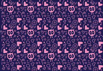 purple cartoon seamless patterns background cute vector. repeating pattern doodle backgrounds with hearts, monsters. For paper, textiles, cards, wedding, baby shower