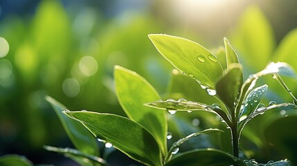 Obraz premium Green leaf of young plant close-up in sunlight in morning.