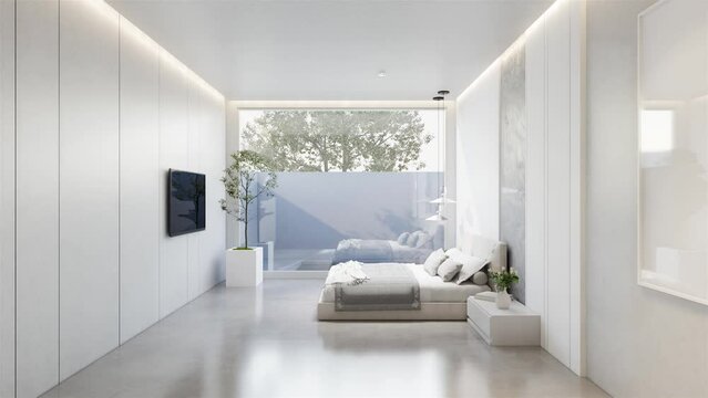 minimal interior of the bedroom with a white base tone. 3D illustration render