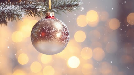 Obraz na płótnie Canvas A glass ball hangs on a Christmas tree. New Year concept. Festive time.