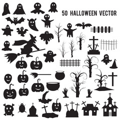 50 different Set of halloween silhouettes black icon and character. Collection of halloween silhouettes .Vector illustration. Isolated on white background