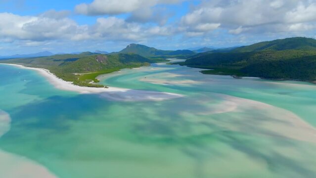 Drone flying toward whitehaven beach, Whitsunday island Austraia