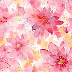 Seamless pattern of pink flowers with gold on white background. Pink flowers background.