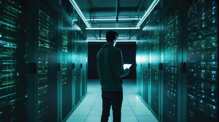 Man in a server room standing near an tablet checking about network and data system.