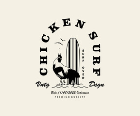 Vintage illustration of chicken surf in bali vector t shirt design, vector graphic, typographic poster or tshirts street wear and Urban style