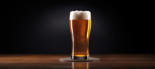 Beer glass that is on a wooden with black background.