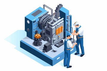 Engineer Maintenance machine isometric industrial employee worker fixing in factory element on white background isolated.