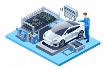 Electric car engineer production ev car assembly industry plant manufacturing lithium battery li ion pack parts worker checking isometric Isolated.