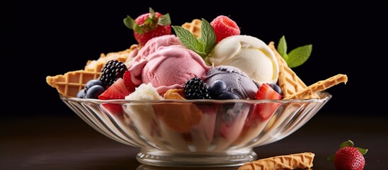 serving of summer food ice cream in a bowl topped with fresh berries, strawberries, grapes and chocolate.