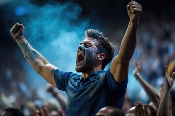 Rugby fan on the stadium yelling for the team.