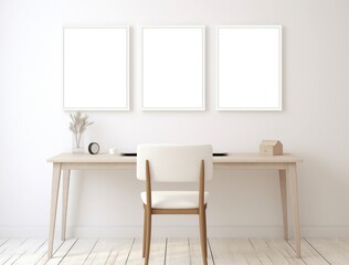 Three white photo frames and an office table on a white wall in a room.