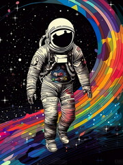 Astronaut im Weltall Poster / Außeneinsatz im Universum / Buntes Galaxie Wallpaper / Ai-Ki generiert