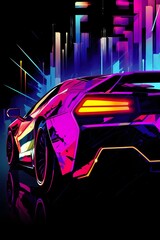Neon Sportwagen / Cyberpunk Aquarell Stil / Auto / Heckansicht / Poster / Ai-Ki generiert