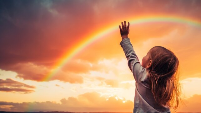 A child pointing excitedly at a rainbow in the sky