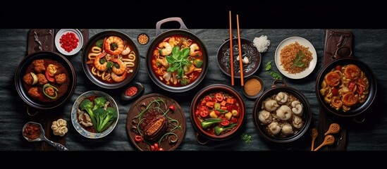 Assorted Chinese food set. Famous Chinese cuisine dishes on table. Top view. Chinese restaurant concept. Asian style banquet - obrazy, fototapety, plakaty