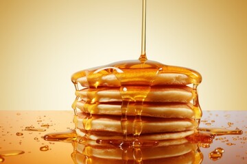 Honey dipper drizzling honey on pancakes - obrazy, fototapety, plakaty