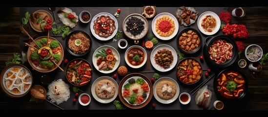 Assorted Chinese food set. Famous Chinese cuisine dishes on table. Top view. Chinese restaurant concept. Asian style banquet