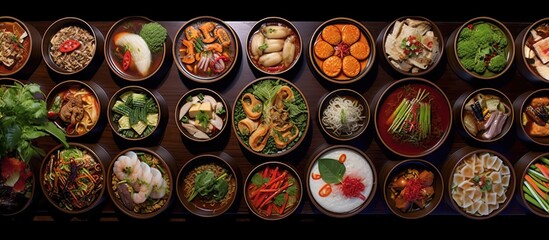 Assorted Chinese food set. Famous Chinese cuisine dishes on table. Top view. Chinese restaurant...