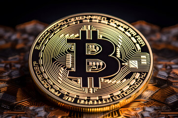 Fototapeta na wymiar Physical golden Bitcoin coin representative for virtual currency