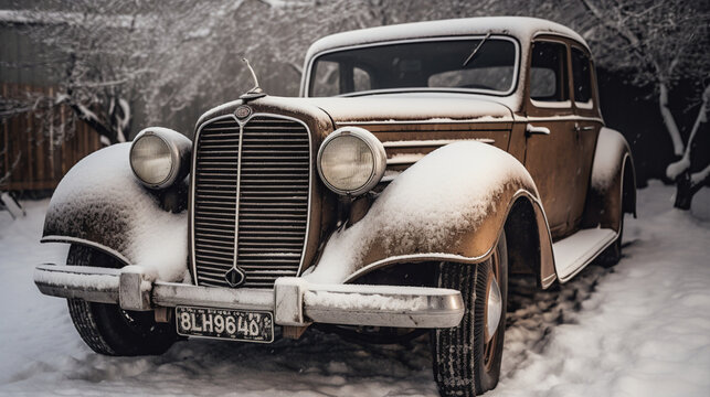 an old-fashioned automobile covered with snow