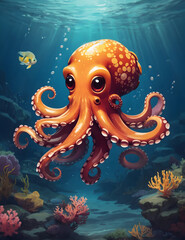 Fototapeta na wymiar Illustration of a cute octopus in the ocean. ai generative