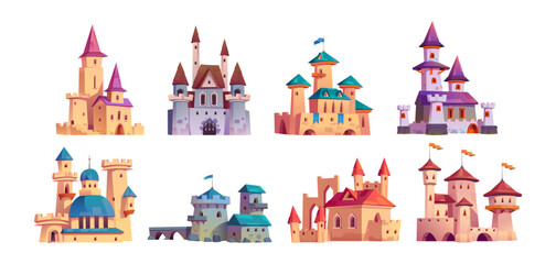 Medieval castle icon vector cartoon kingdom set. Ancient fairytale fort and fantasy building architecture exterior. Isolated citadel collection design with flag. Princess tower drawing illustration - obrazy, fototapety, plakaty
