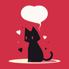 Cute hand drawn black cat with heart on red background and text bubble. Copy space template. Valentine's Day concept greeting card. Simple shapes vector illustration. Geometric style. Minimalistic.