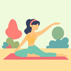 A cartoon woman does yoga outdoors on a mat, stretching her arm, with trees and bushes in the background.