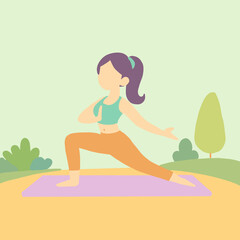 A cartoon woman does yoga outdoors on a mat, stretching her arm, with trees and bushes in the background.