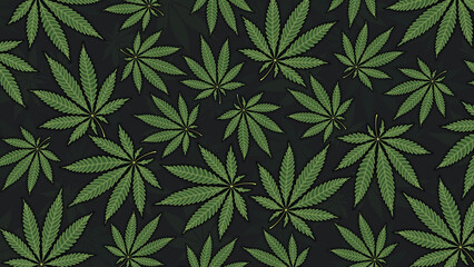 Cannabis leaves illustration black background sativa indica marijuana wallpaper texture art design blank with place for text area copy space - obrazy, fototapety, plakaty