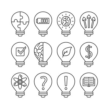 Lightbulbs insight problem solution line icons editable stroke set