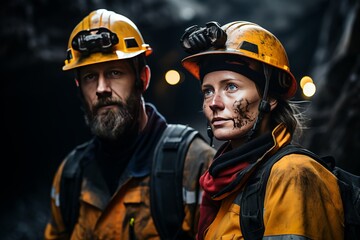 Fototapeta premium two people wearing safety jackets in the coal mining tunnel. Coal Mine. For may day and presentation background