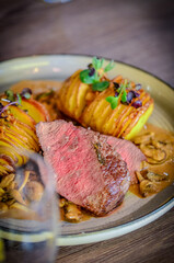 rump steak with potatoe, yummy food background
