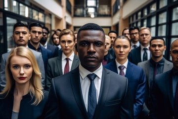 Group of young people of different nationalities in business suits against the background of office, front view.