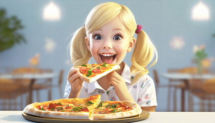 ピザを食べる金髪の少女.generative AI