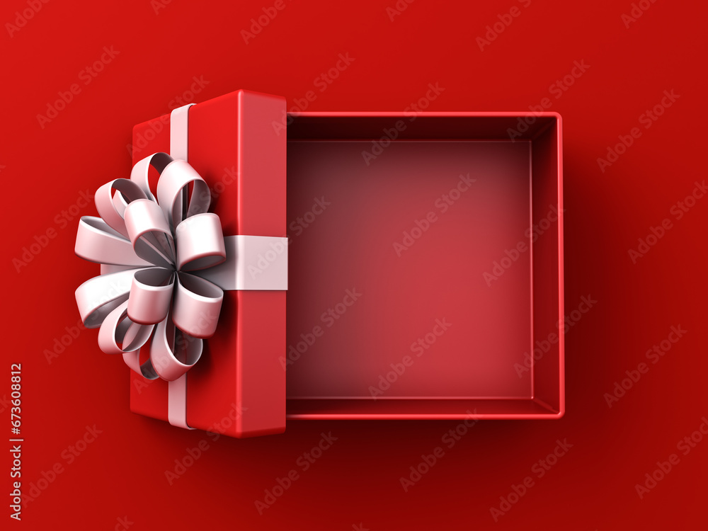 Aufkleber Top view of white ribbon bow present box or opened gift box with lid on dark red background with shadow minimal conceptuals for christmas and valentines day 3D rendering