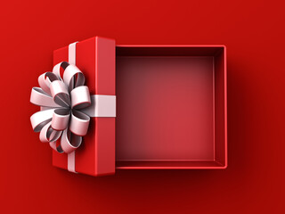 Top view of white ribbon bow present box or opened gift box with lid on dark red background with shadow minimal conceptuals for christmas and valentines day 3D rendering