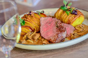 rump steak with potatoe, yummy food background